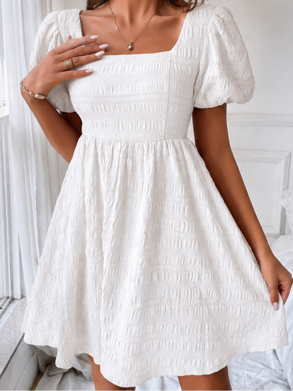SHEIN | White Square Neck Puff Sleeve Smocked Dress